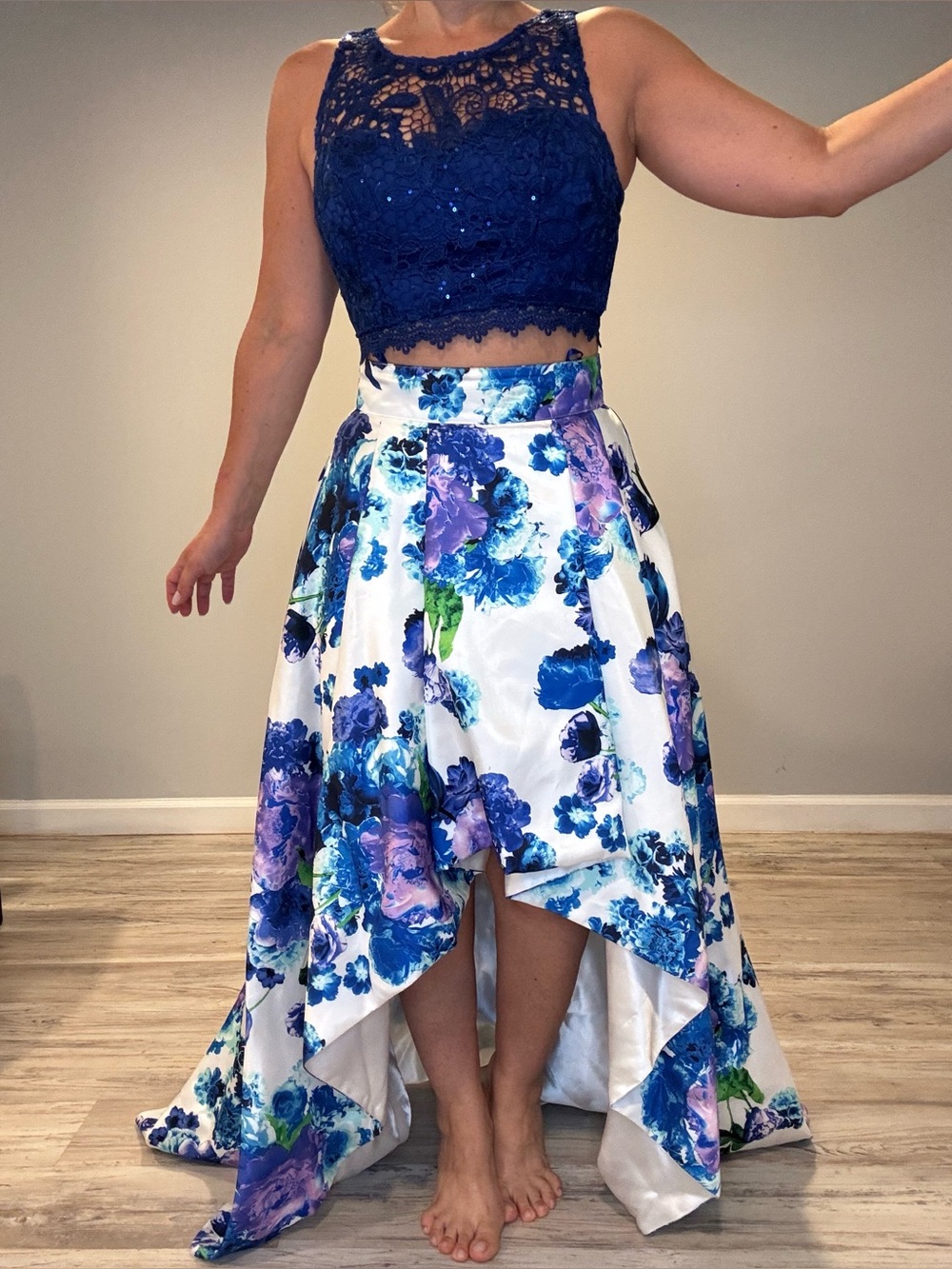 My Michelle Navy Lace Crop Top with White Blue & Purple Floral High-Low Skirt